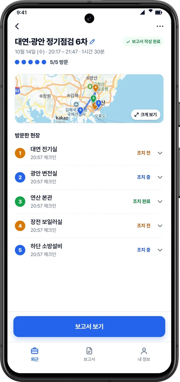 일가요 외근 상세 화면: 5곳 방문, 현장마다 체크인 시각과 조치 상태